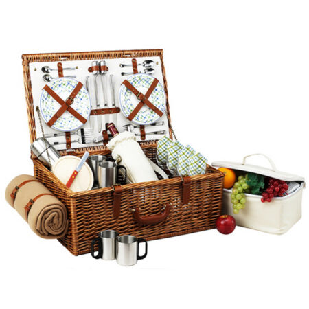 Dorset English-Style Willow Picnic Basket with Service for 4, Coffee Set & Blanket - Gazebo