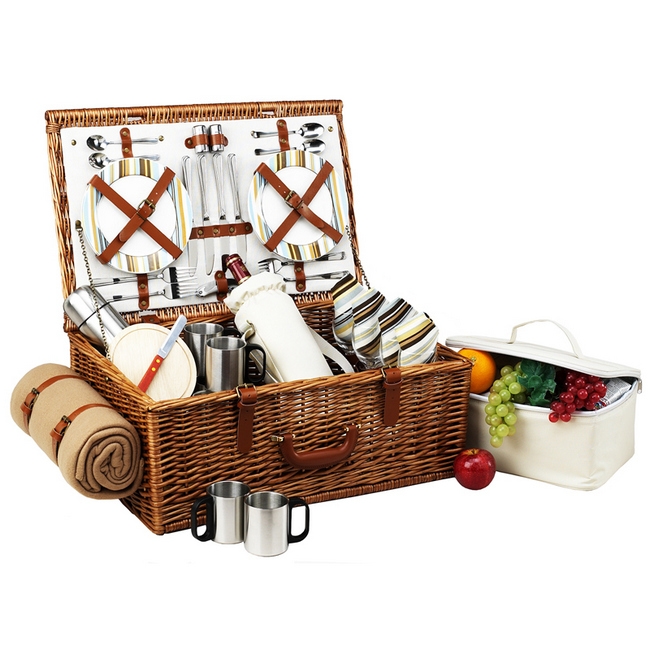 Dorset English-Style Willow Picnic Basket with Service for 4, Coffee Set & Blanket - Santa Cruz