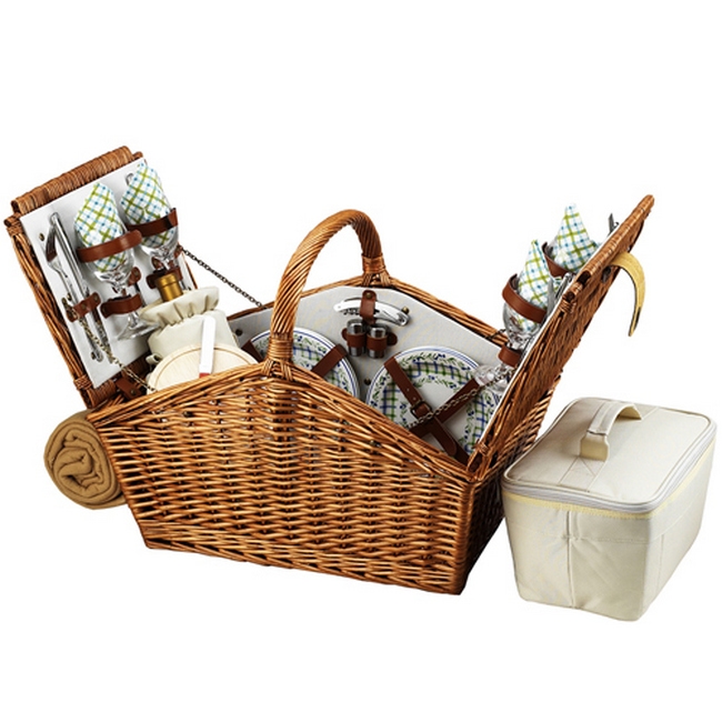 Huntsman English-Style Willow Picnic Basket with Service for 4 and Blanket - Gazebo