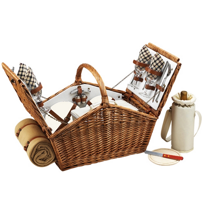 Huntsman English-Style Willow Picnic Basket with Service for 4 and Blanket - London Plaid