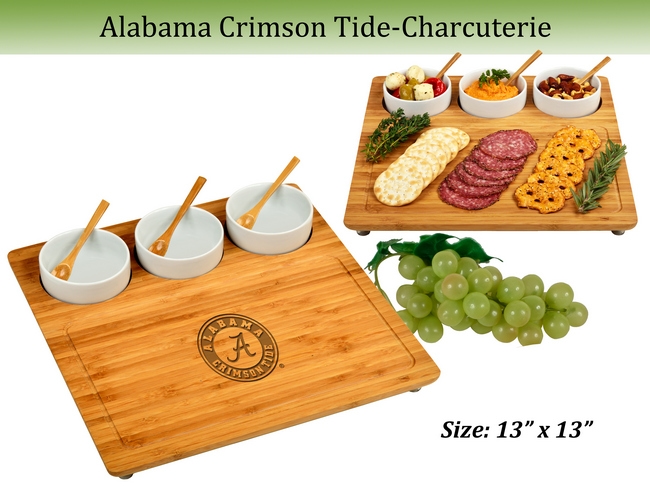 Alabama Crimson Tide Bamboo Charcuterie Board Set with Ceramic Bowls - 13" x 13"