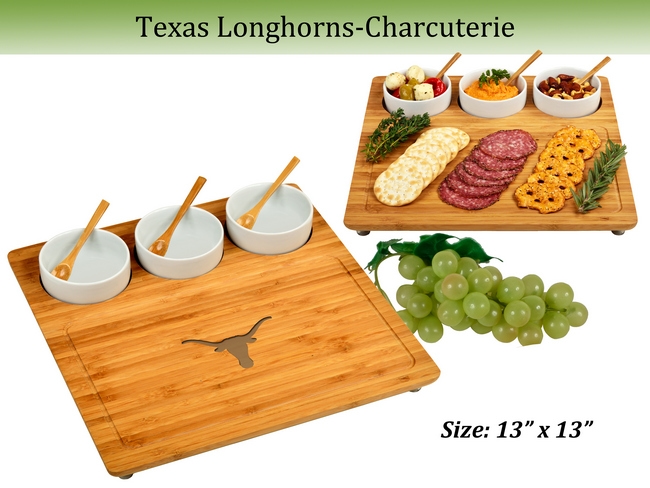 NCAA Texas University Longhorns Bamboo Charcuterie Board Set with Ceramic Bowls - 13" x 13"