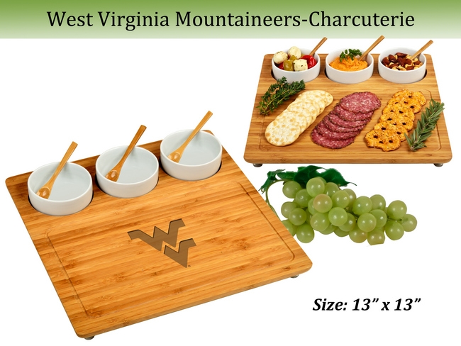 NCAA West Virginia Mountaineers Bamboo Charcuterie Board Set with Ceramic Bowls - 13" x 13"